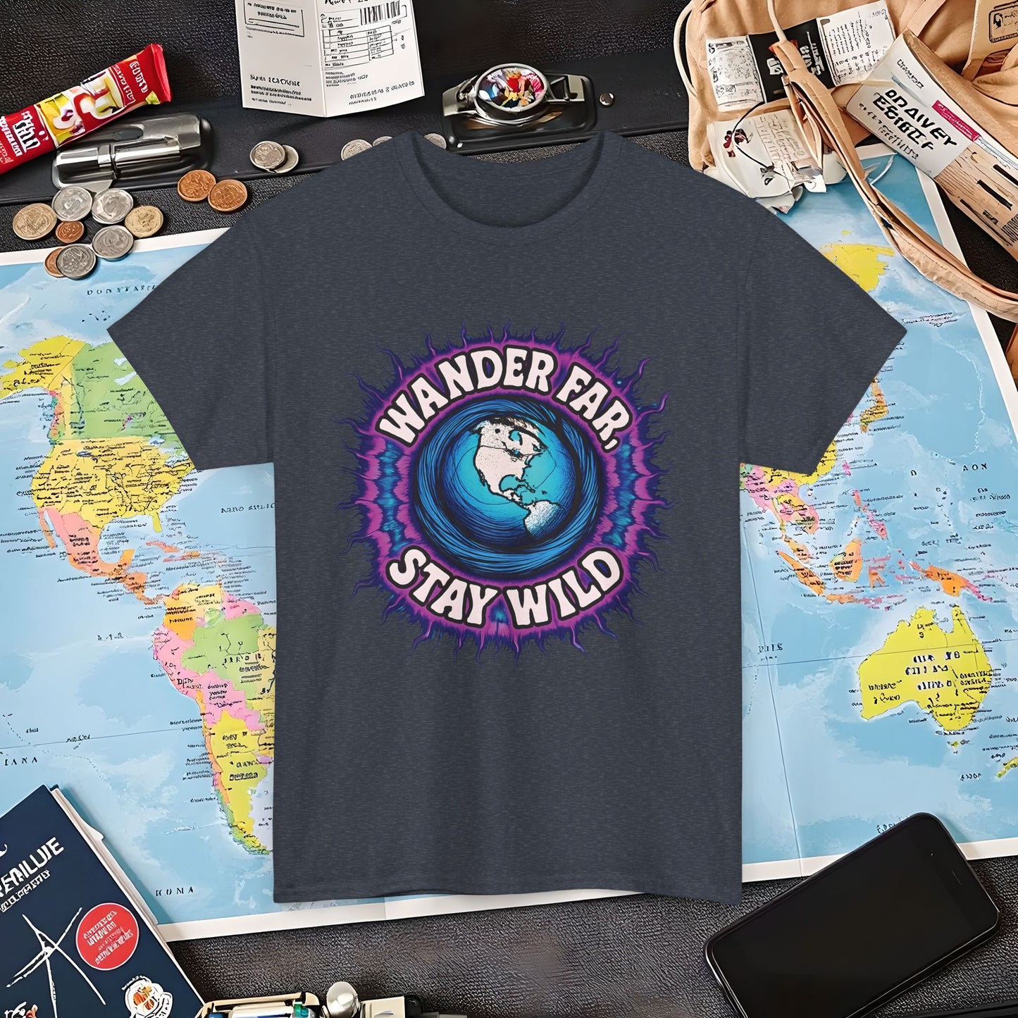 Wander Far, Stay Wild T-Shirt – Globe Burst Adventure Design Air Travel T-Shirts | Jetsetter, Airport, and International Flight Tees