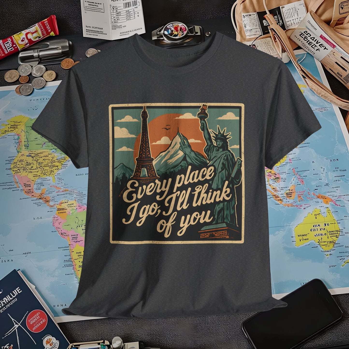 Every Place I Go, I’ll Think of You T-Shirt – Vintage Postcard Travel Collage with Iconic Landmarks Air Travel T-Shirts | Jetsetter, Airport, and International Flight Tees