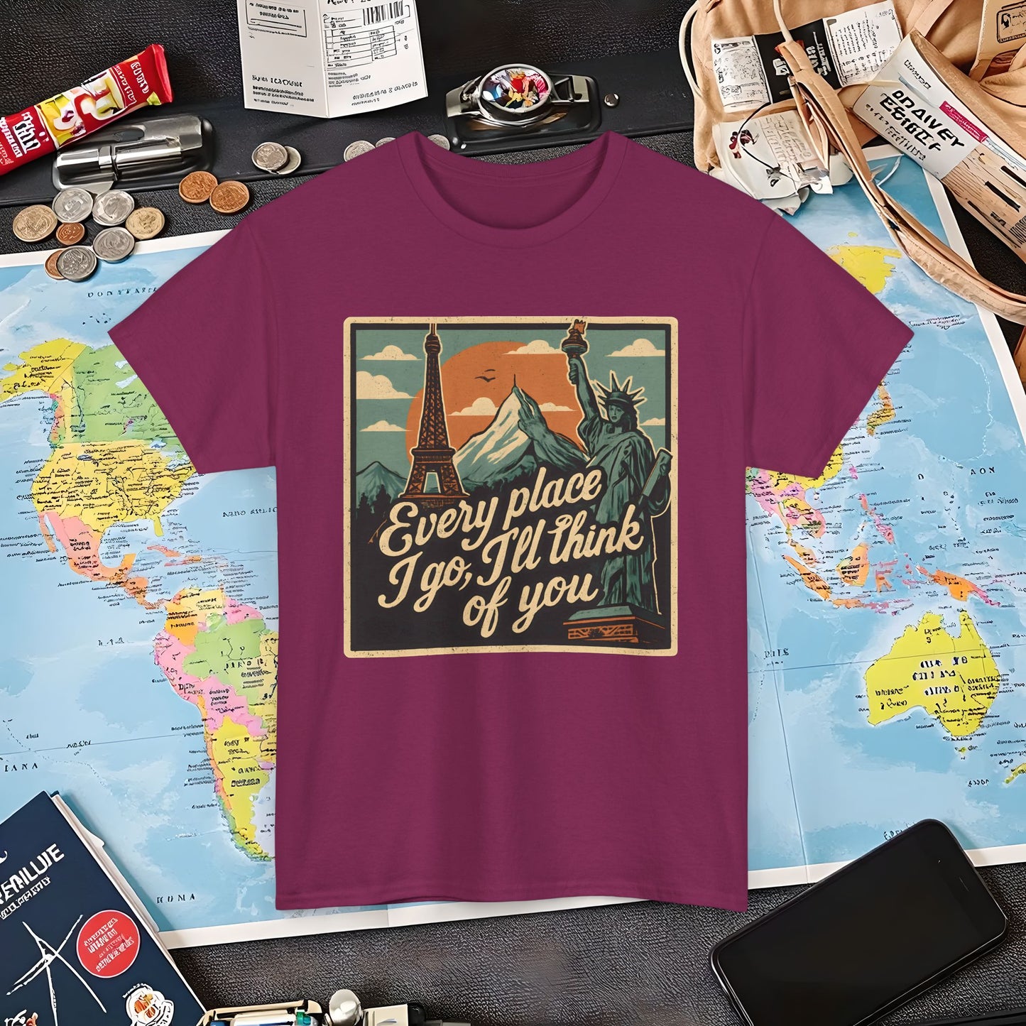Every Place I Go, I’ll Think of You T-Shirt – Vintage Postcard Travel Collage with Iconic Landmarks Air Travel T-Shirts | Jetsetter, Airport, and International Flight Tees