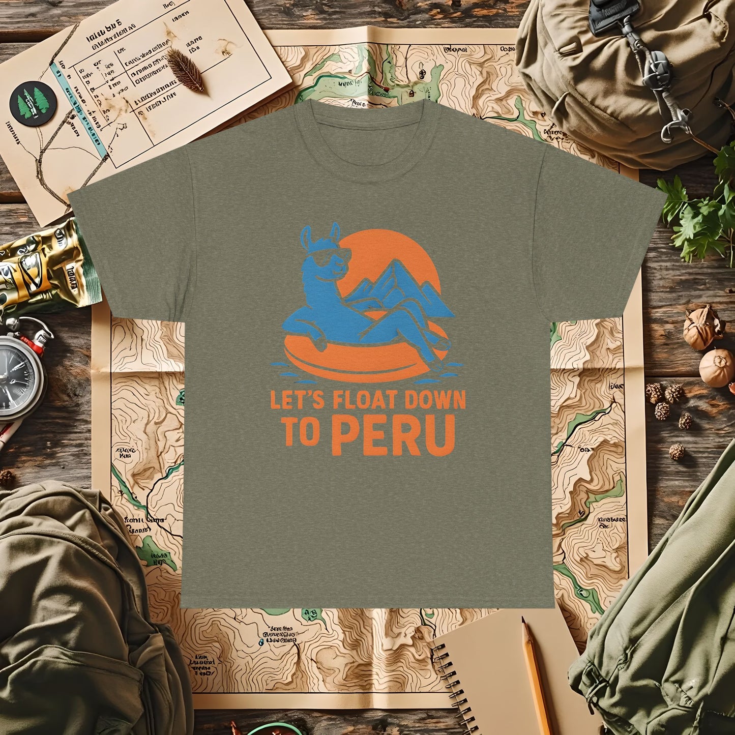 Let’s Float Down to Peru T-Shirt – Chill Llama on Inner Tube and Andes Sunset Outdoor Adventure T-Shirts | Camping, Hiking, Rafting & Kayaking Tees for Nature Lovers