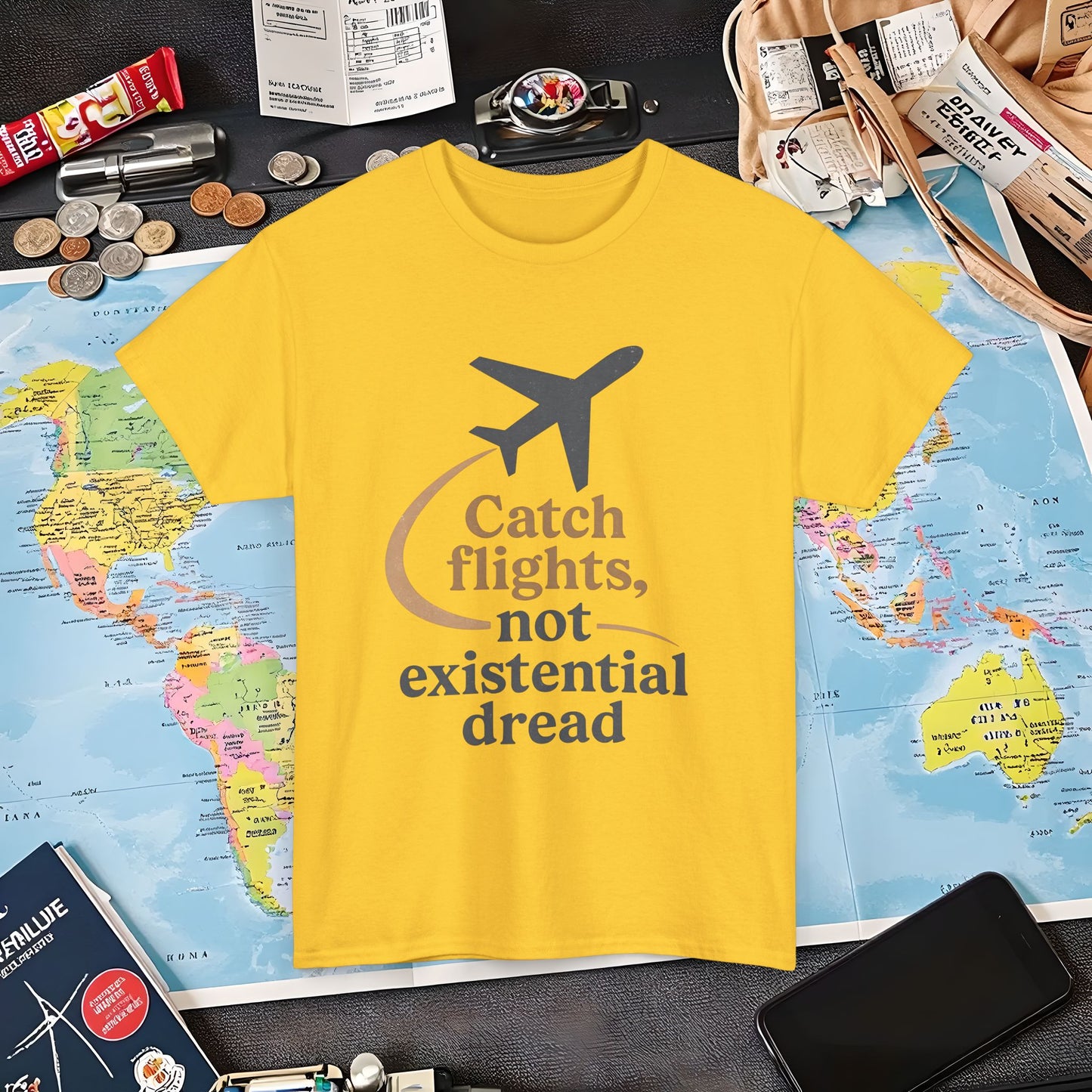 Catch Flights Not Existential Dread Tee – Minimalist Airplane Silhouette Quote Shirt Air Travel T-Shirts | Jetsetter, Airport, and International Flight Tees