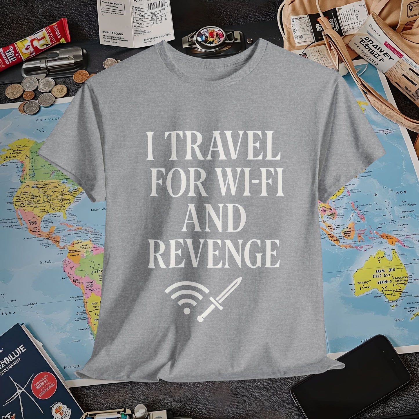 I Travel for WiFi and Revenge – Bold Quote Tee with Dagger Icon Air Travel T-Shirts | Jetsetter, Airport, and International Flight Tees