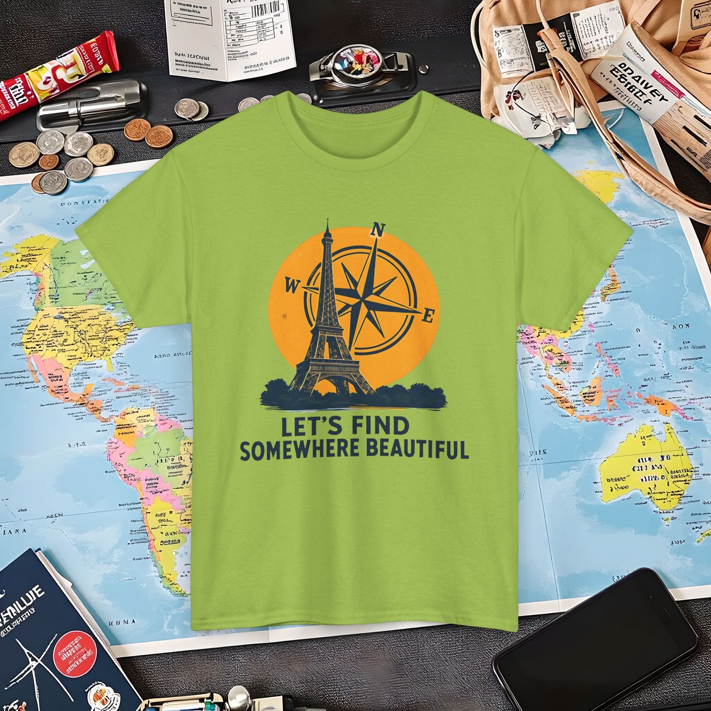 Eiffel Tower and Compass T-Shirt – Let’s Find Somewhere Beautiful Adventure Design Air Travel T-Shirts | Jetsetter, Airport, and International Flight Tees