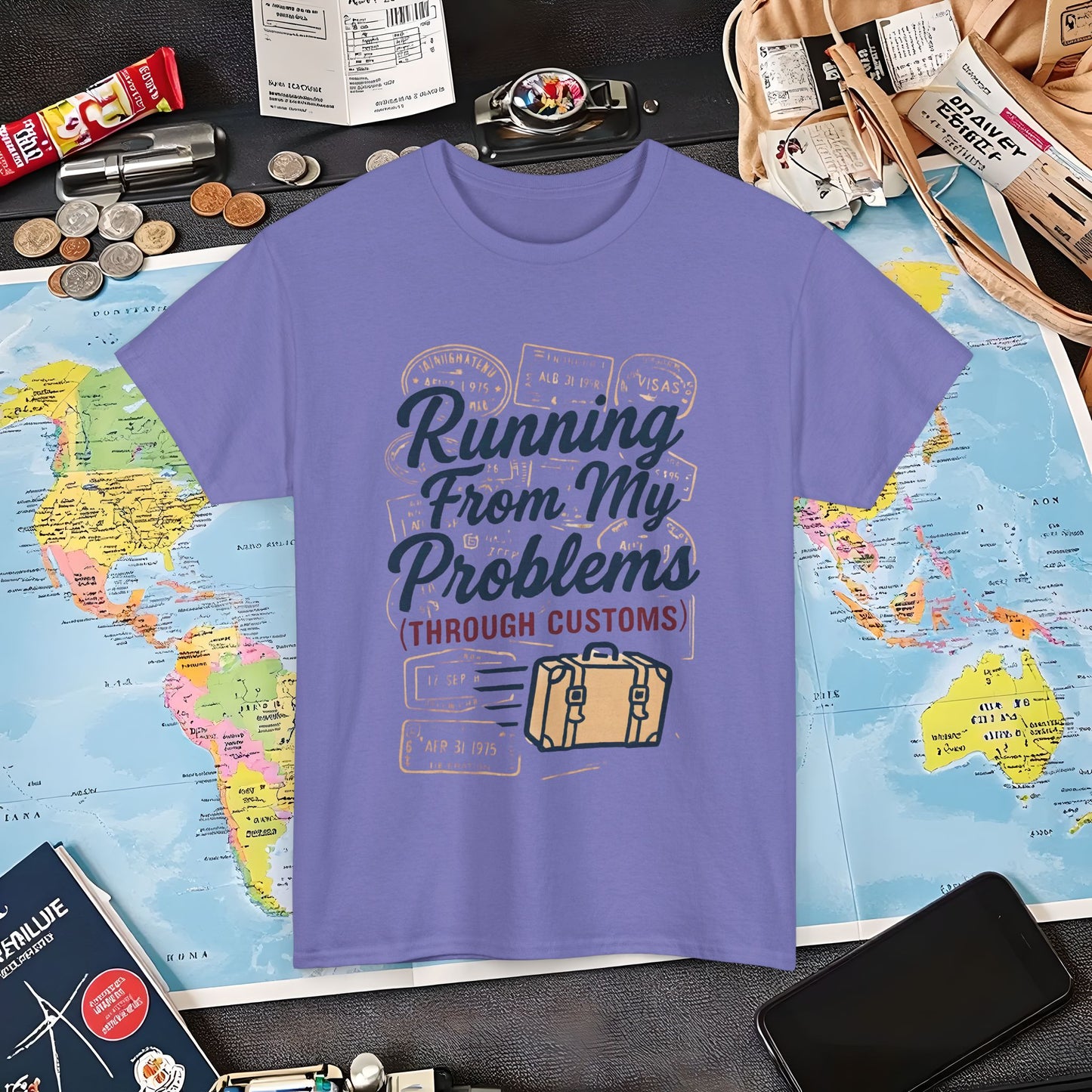 Running From My Problems Through Customs – Vintage Travel Quote Tee with Passport Stamps Air Travel T-Shirts | Jetsetter, Airport, and International Flight Tees