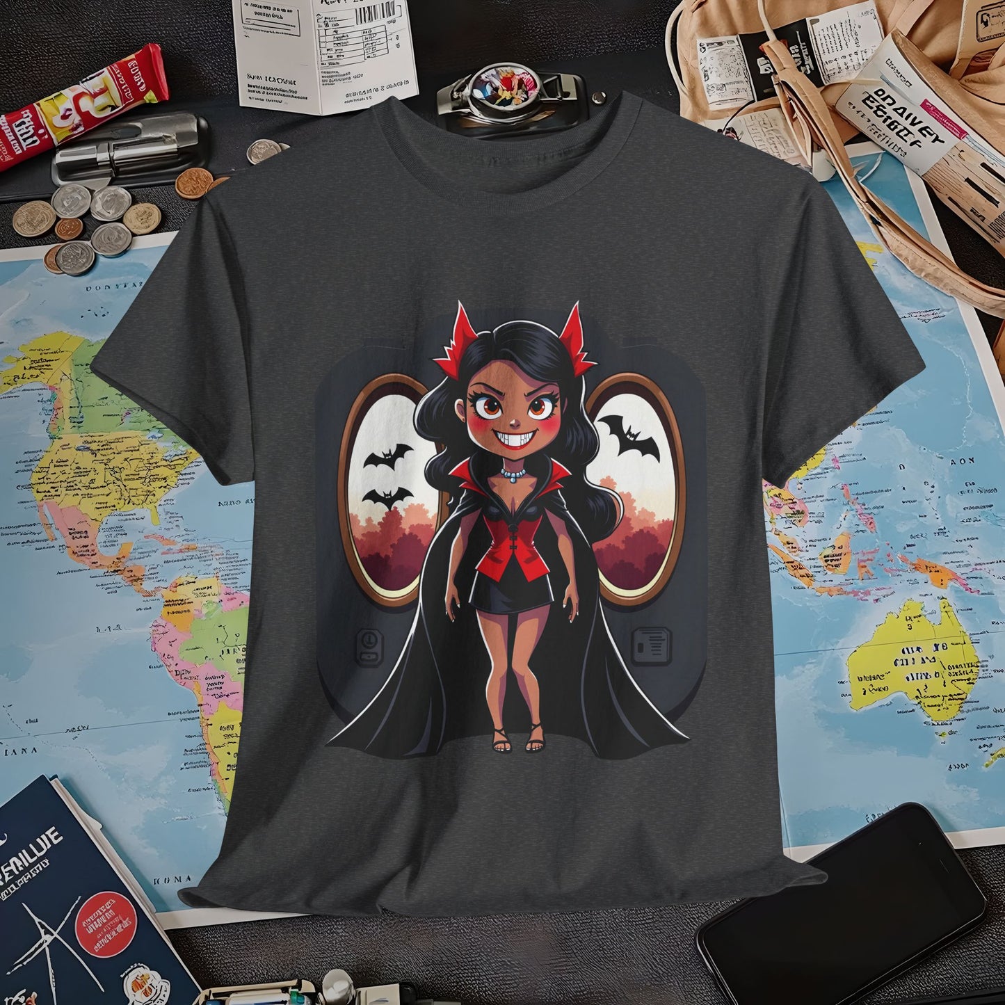 Vampire Flight Attendant T-Shirt – Gothic Girl with Bats Flying Outside the Plane Air Travel T-Shirts | Jetsetter, Airport, and International Flight Tees