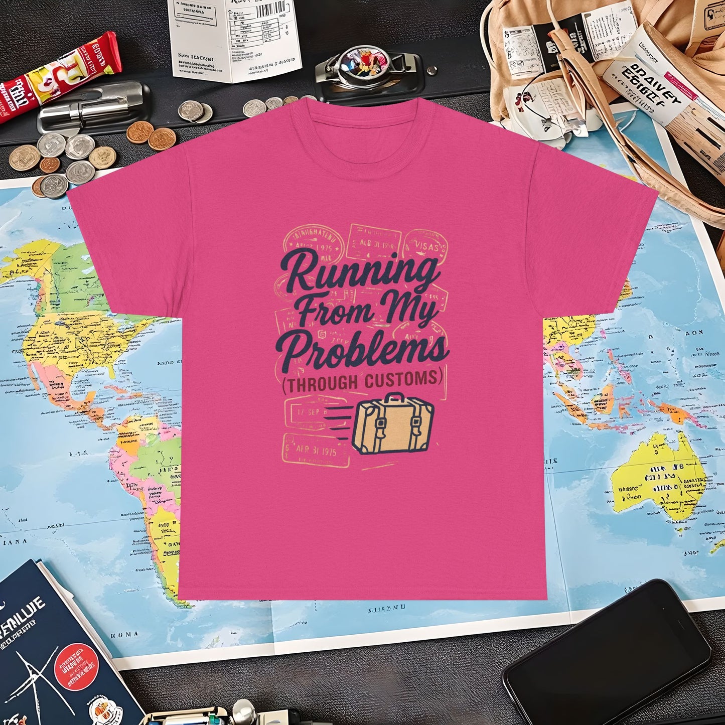 Running From My Problems Through Customs – Vintage Travel Quote Tee with Passport Stamps Air Travel T-Shirts | Jetsetter, Airport, and International Flight Tees