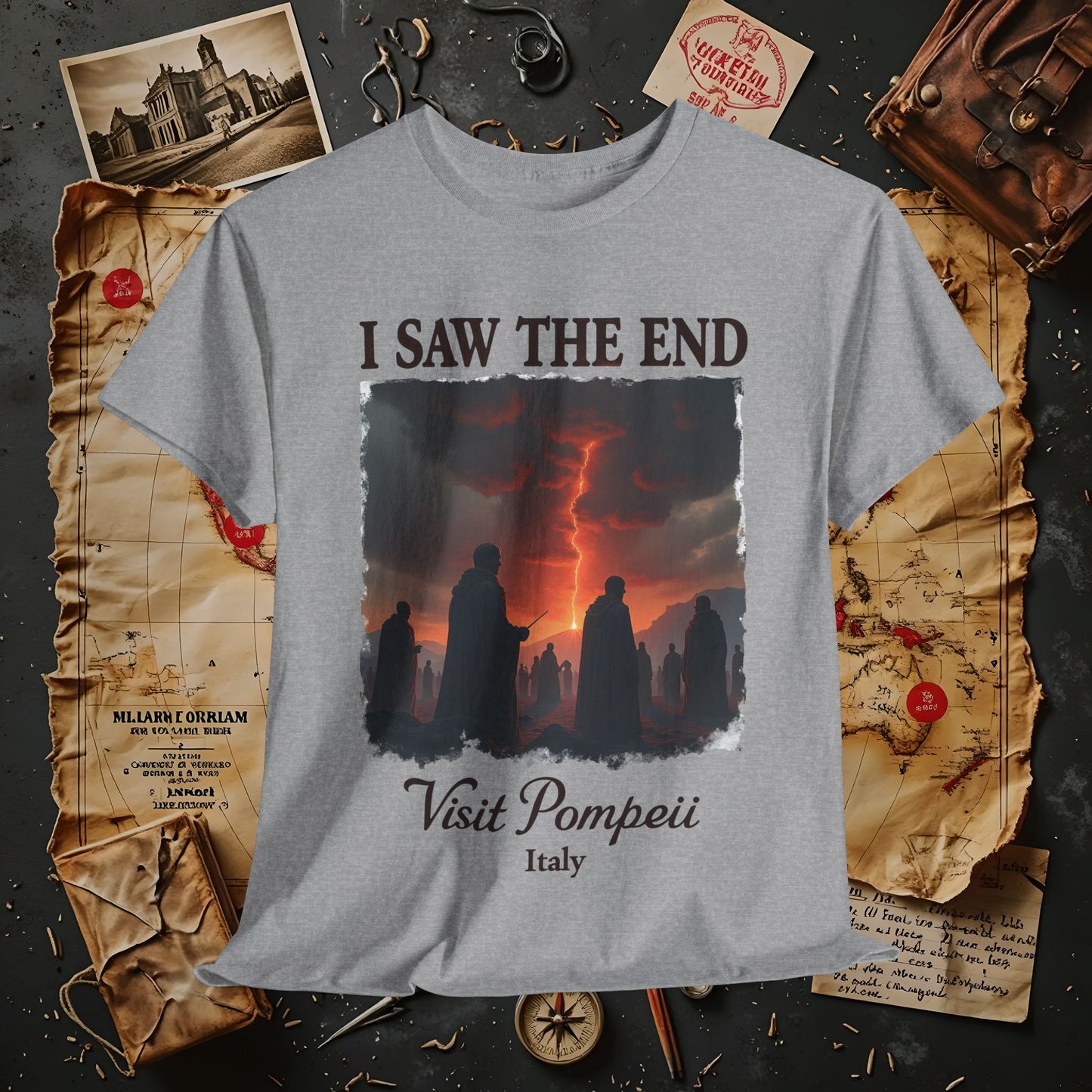 Pompeii Memories T-Shirt – Dark Tourism Shirt with Volcano Eruption Silhouette Art
