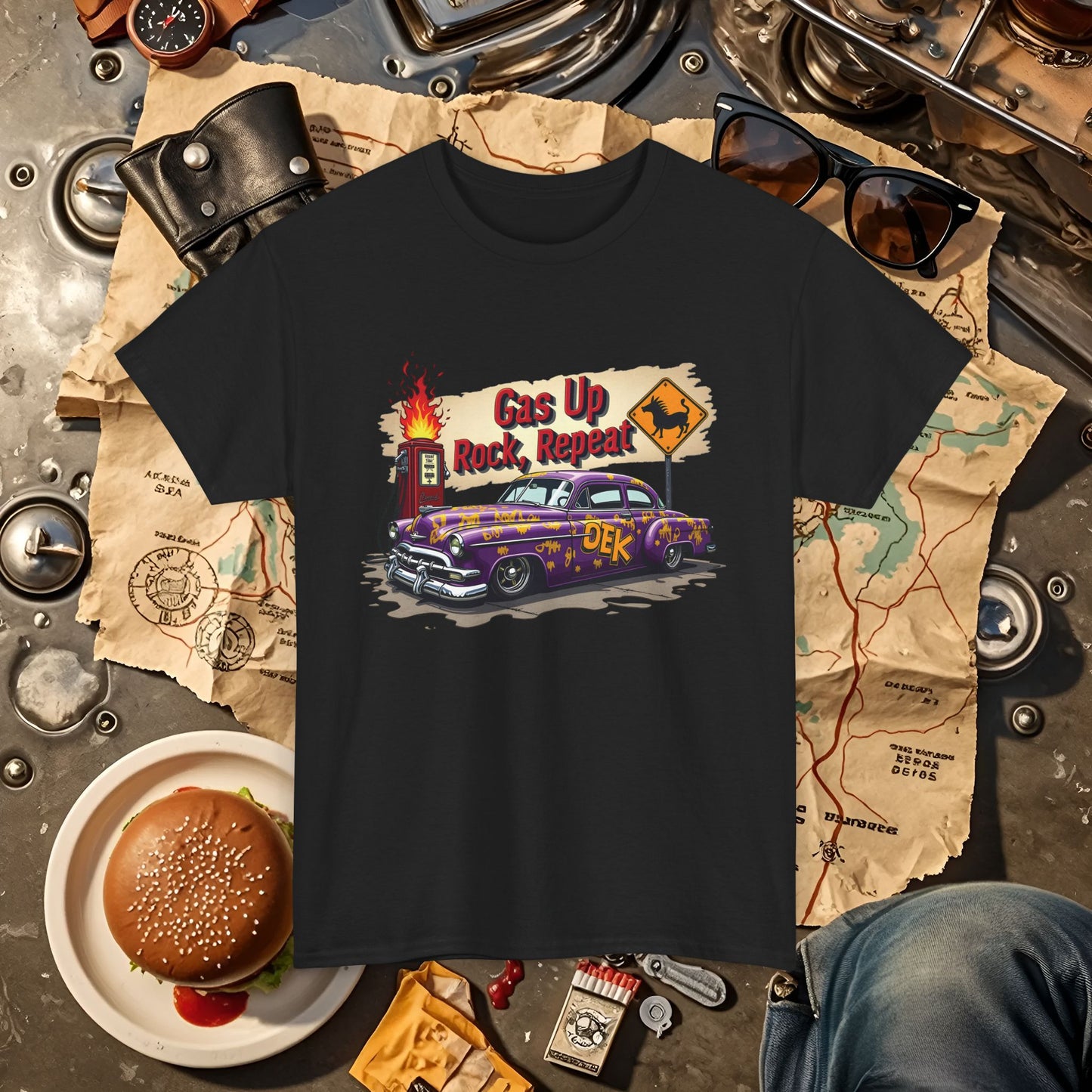 Gas Up, Rock and Repeat Road Trip & Vehicle Travel T-Shirts | Car, RV, and Motorcycle Adventure Tees