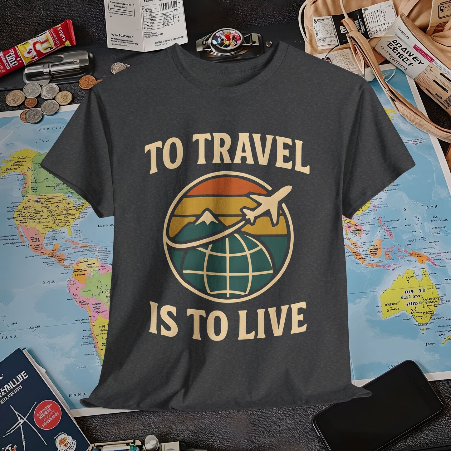 To Travel Is To Live – Vintage Globe & Airplane Travel Badge Tee (Layover Club) Air Travel T-Shirts | Jetsetter, Airport, and International Flight Tees