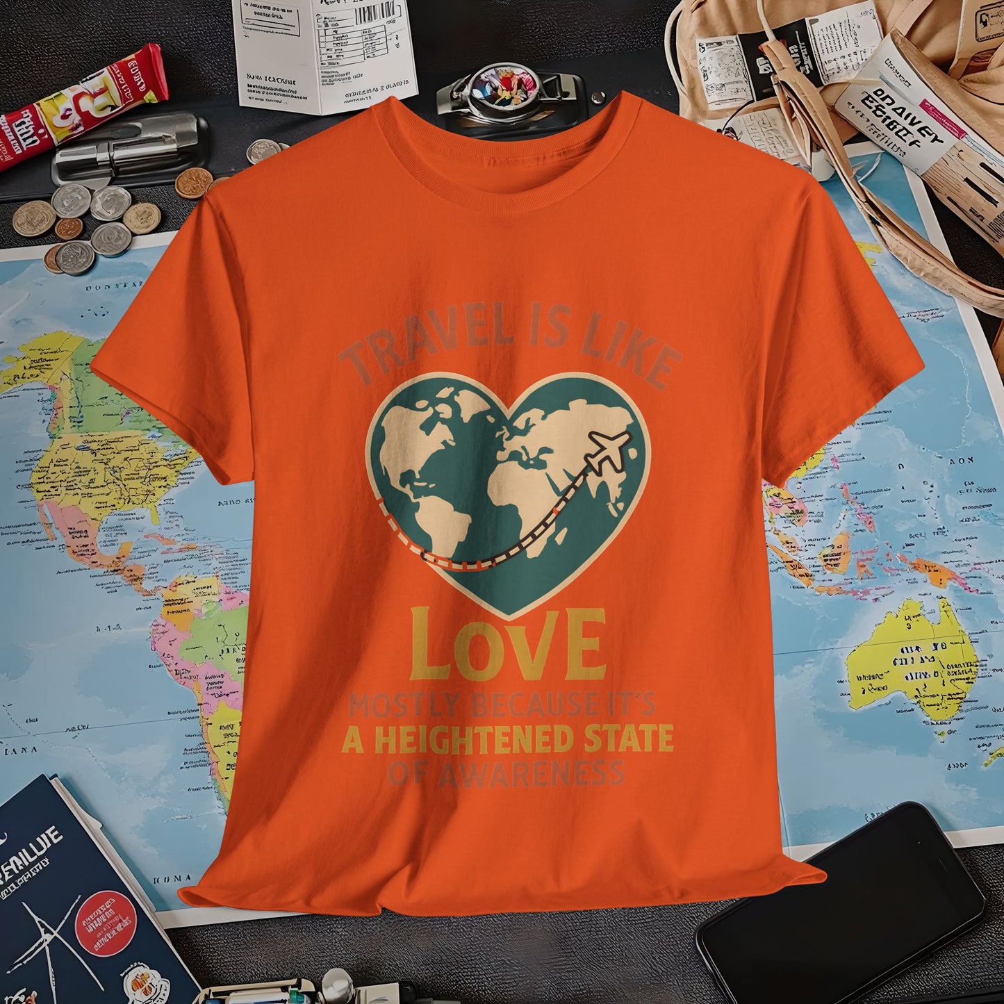 Travel Is Like Love – Heart Map Quote Tee with Airplane Path | Layover Club Air Travel T-Shirts | Jetsetter, Airport, and International Flight Tees