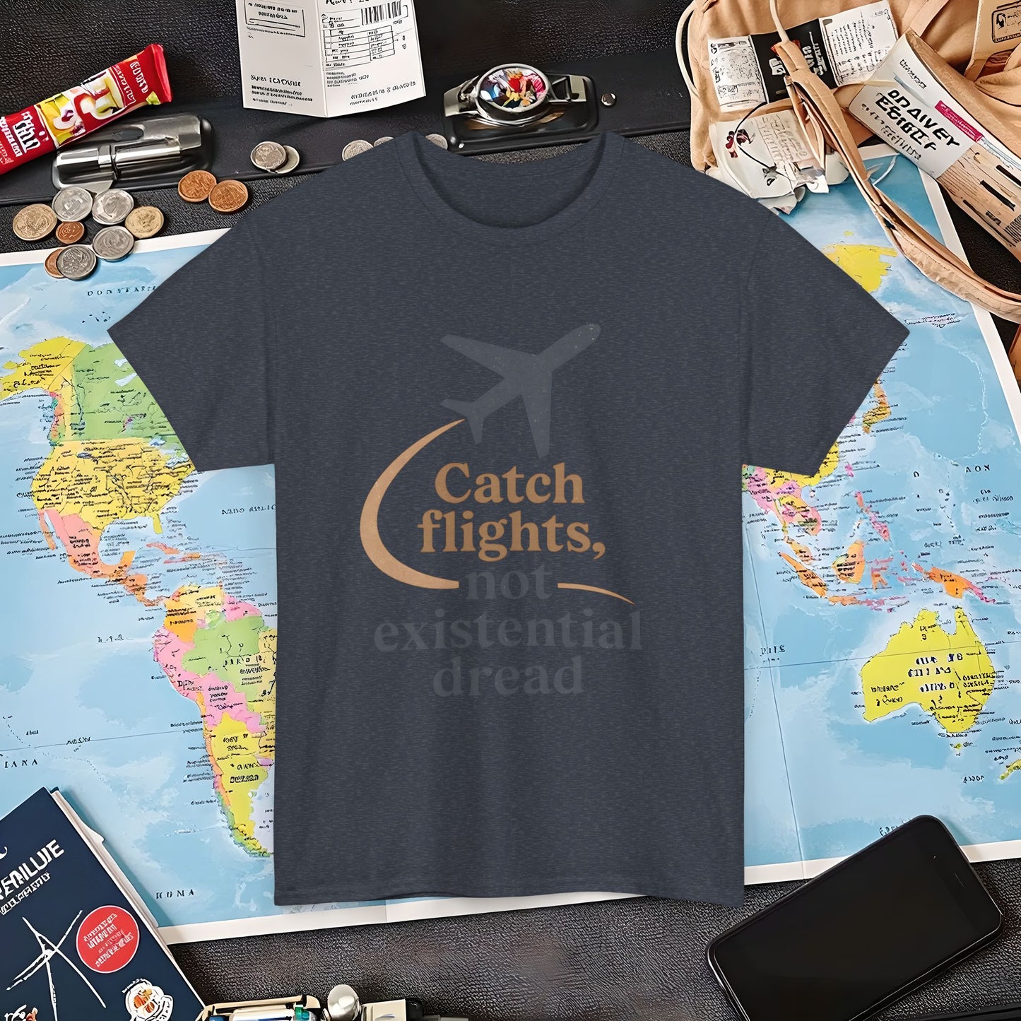 Catch Flights Not Existential Dread Tee – Minimalist Airplane Silhouette Quote Shirt Air Travel T-Shirts | Jetsetter, Airport, and International Flight Tees