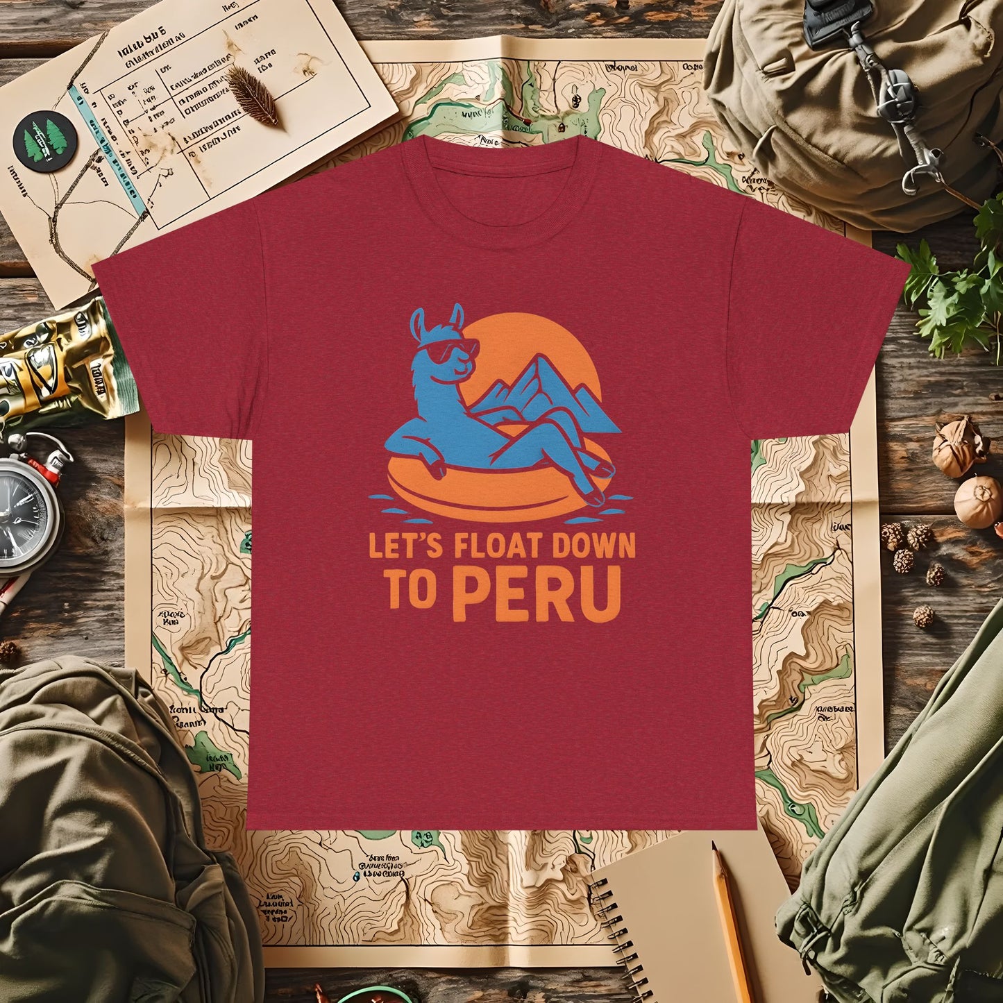 Let’s Float Down to Peru T-Shirt – Chill Llama on Inner Tube and Andes Sunset Outdoor Adventure T-Shirts | Camping, Hiking, Rafting & Kayaking Tees for Nature Lovers