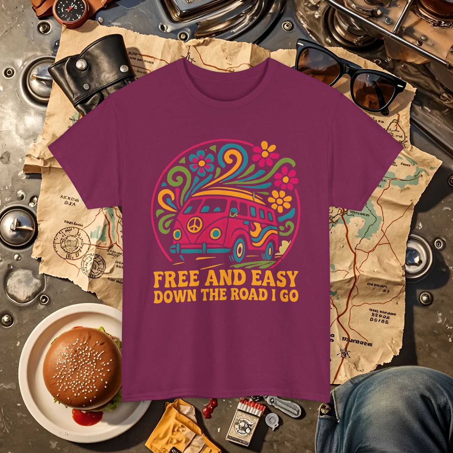 Free and Easy T-Shirt – Retro Hippie Van with Floral Freedom Vibes