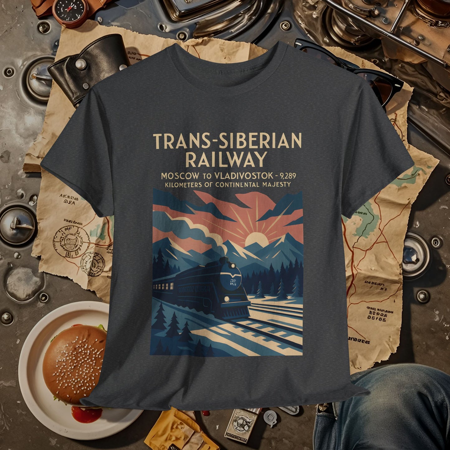 Trans-Siberian Twilight – Art Deco Russian Train Journey Tee Road Trip & Vehicle Travel T-Shirts | Car, RV, and Motorcycle Adventure Tees