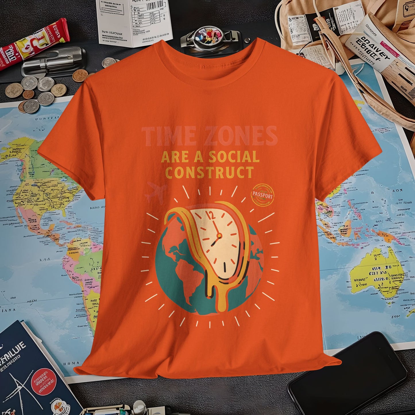 Time Zones Are a Social Construct Tee – Melting Clock Over World Map Travel Shirt Air Travel T-Shirts | Jetsetter, Airport, and International Flight Tees