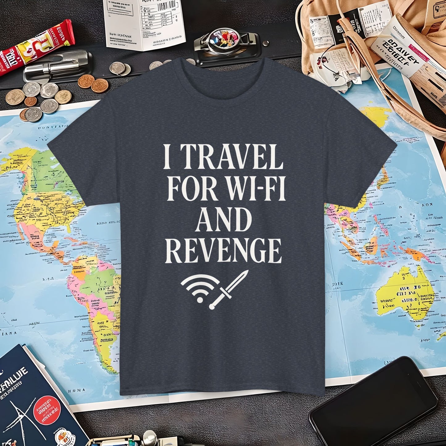 I Travel for WiFi and Revenge – Bold Quote Tee with Dagger Icon Air Travel T-Shirts | Jetsetter, Airport, and International Flight Tees
