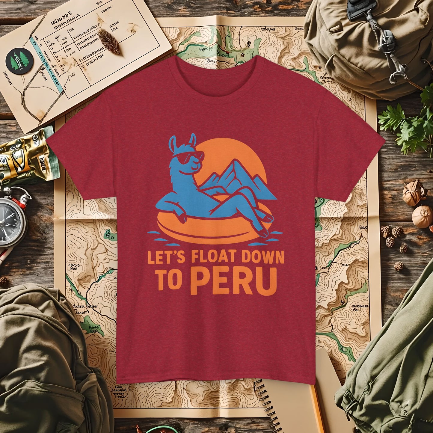 Let’s Float Down to Peru T-Shirt – Chill Llama on Inner Tube and Andes Sunset Outdoor Adventure T-Shirts | Camping, Hiking, Rafting & Kayaking Tees for Nature Lovers