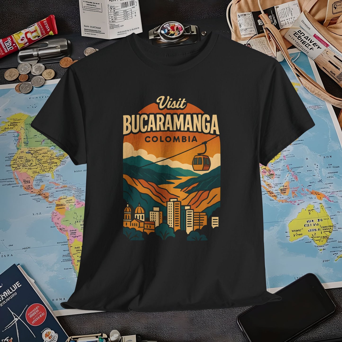 Retro Bucaramanga Skyline with Chicamocha Canyon – Vintage Colombia Travel Tee | Layover Club Air Travel T-Shirts | Jetsetter, Airport, and International Flight Tees