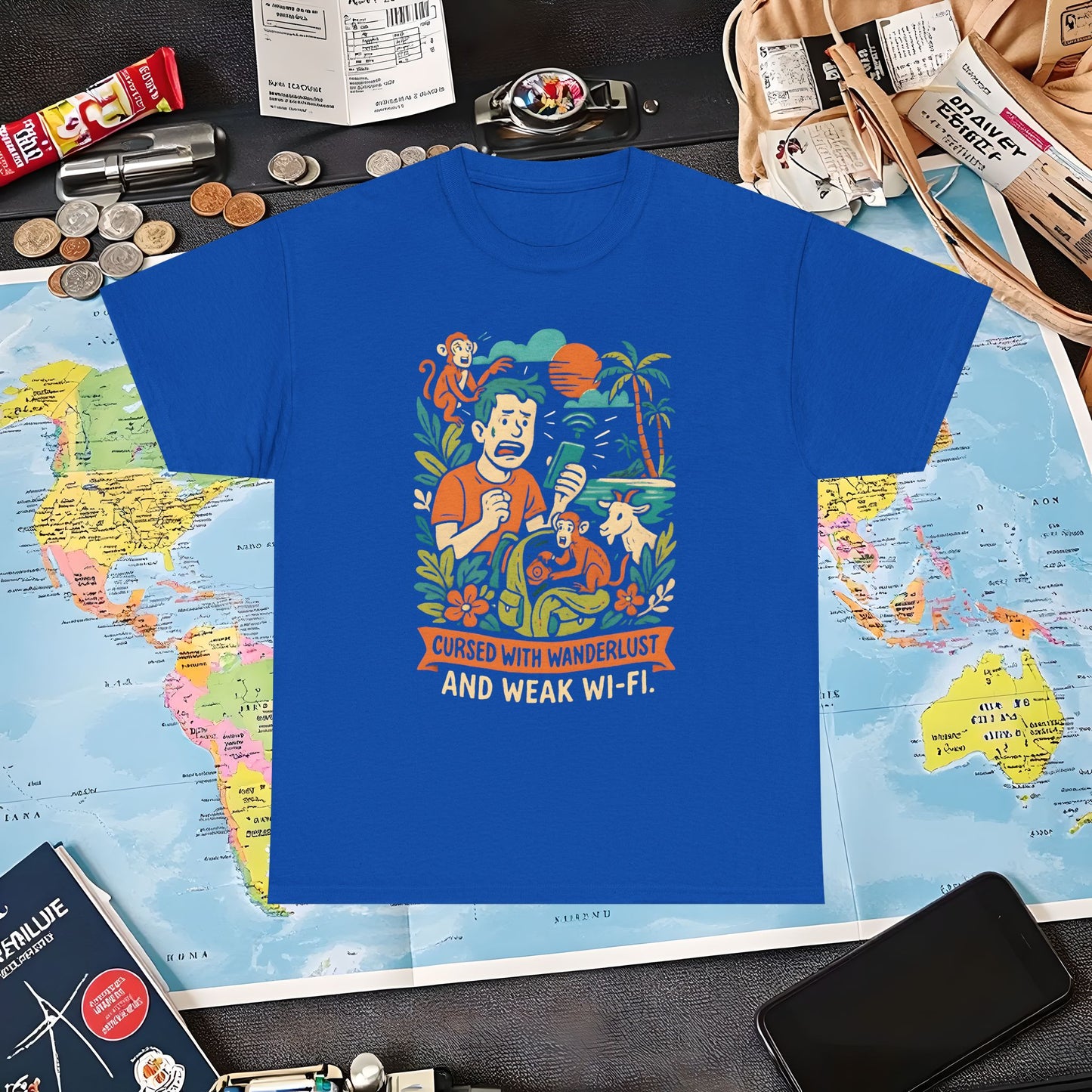 Cursed with Wanderlust and Weak Wi-Fi – Funny Tropical Traveler Frustration Tee Travel T-Shirts | Jetsetter, Airport, and International Flight Tees