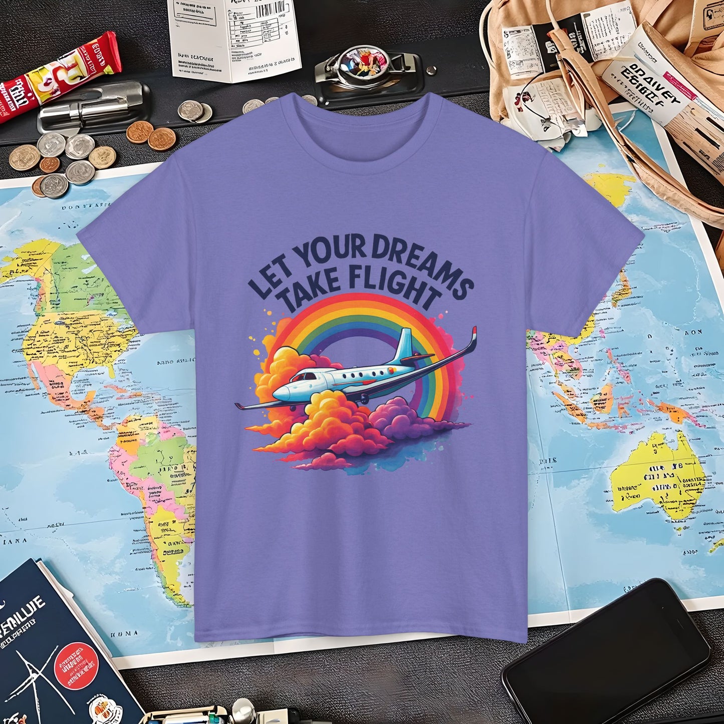 Let Your Dreams Take Flight T-Shirt – Airplane with Rainbow Trail Design Air Travel T-Shirts | Jetsetter, Airport, and International Flight Tees