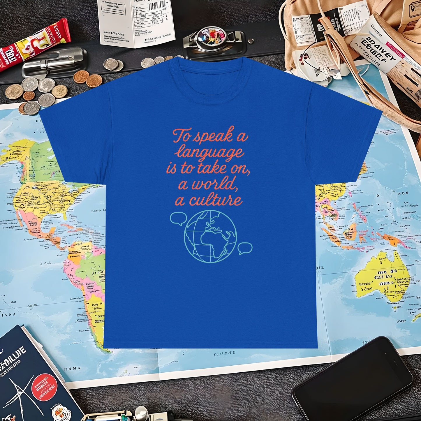 To Speak a Language Is to Take on a World – Cultural Connection Tee with Globe & Speech Bubbles | Layover Club Air Travel T-Shirts | Jetsetter, Airport, and International Flight Tees