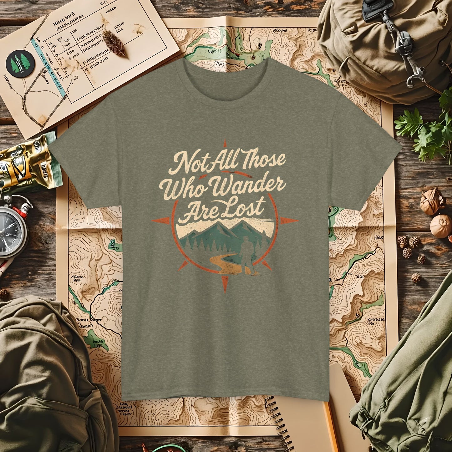 Not All Who Wander Are Lost – Vintage Compass Mountain Tee | Camping, Hiking, Rafting & Kayaking Tees for Nature Lovers