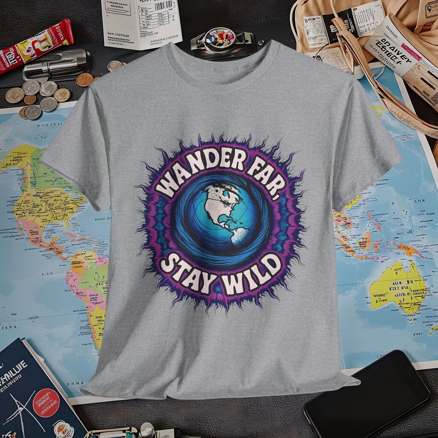 Wander Far, Stay Wild T-Shirt – Globe Burst Adventure Design Air Travel T-Shirts | Jetsetter, Airport, and International Flight Tees