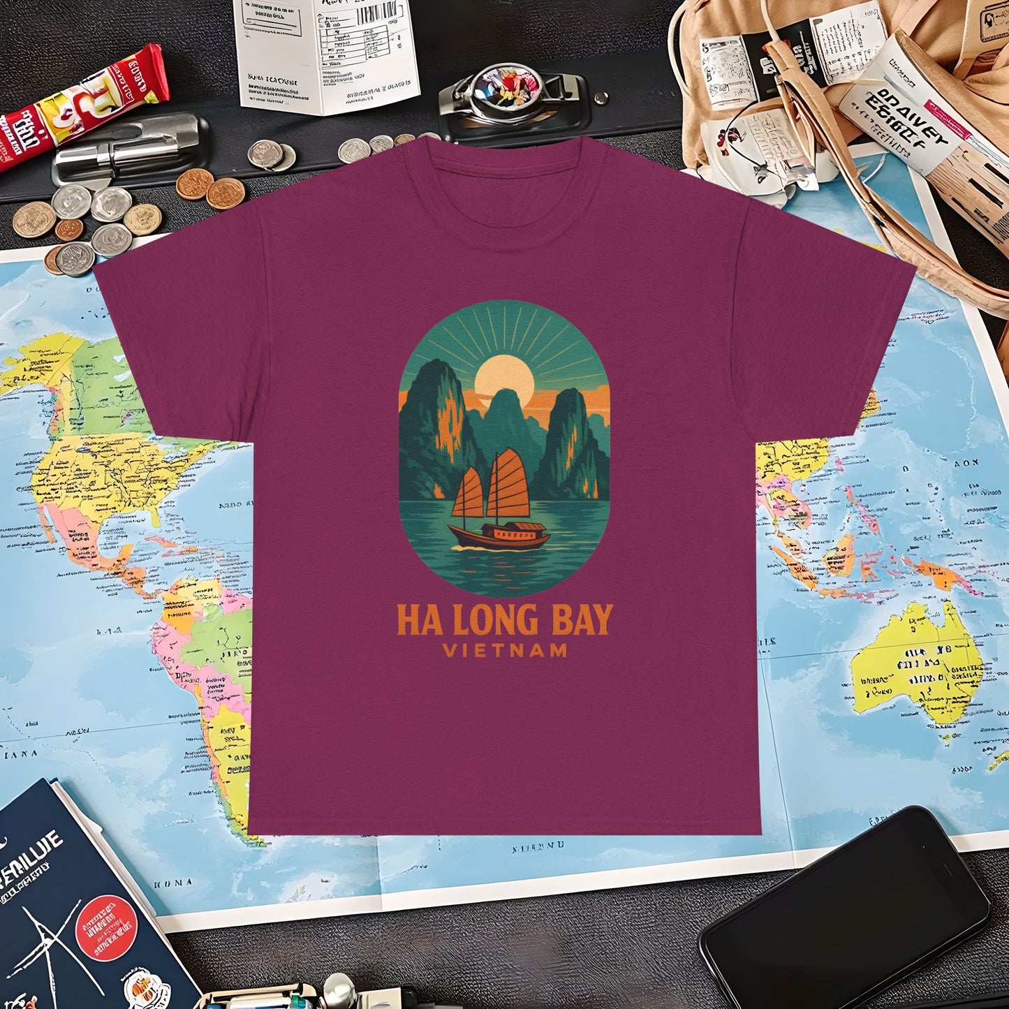 Ha Long Bay Vietnam T-Shirt – Art Deco Junk Boat Travel Shirt for Southeast Asia Lovers Air Travel T-Shirts | Jetsetter, Airport, and International Flight Tees
