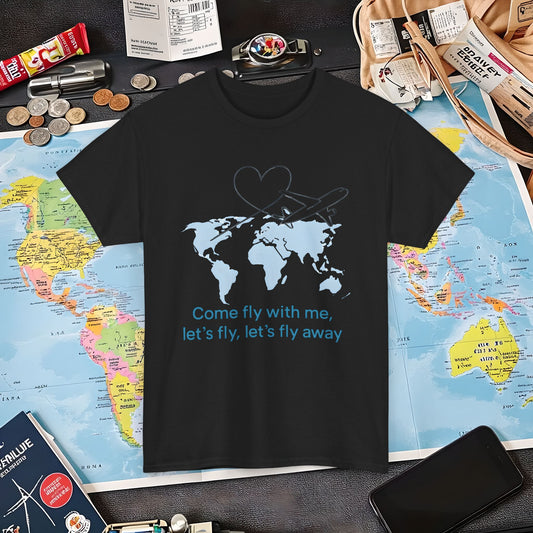 Come Fly With Me T-Shirt – Heart-Loop Airplane Over World Map Design Air Travel T-Shirts | Jetsetter, Airport, and International Flight Tees