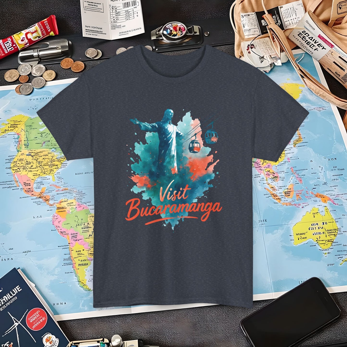 Cerro del Santísimo & Cable Car – Vibrant Watercolor Colombia Travel Tee | Layover Club Air Travel T-Shirts | Jetsetter, Airport, and International Flight Tees