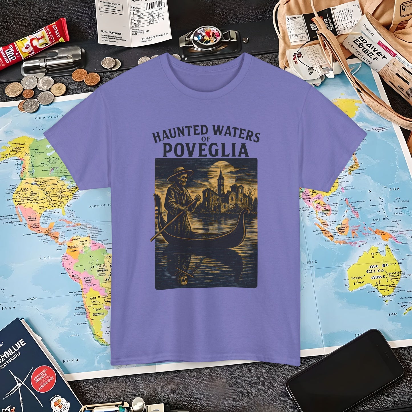 Skeletal Gondolier of Haunted Poveglia – Dark Venetian Ghost Travel Tee| Layover Club Air Travel T-Shirts | Jetsetter, Airport, and International Flight Tees