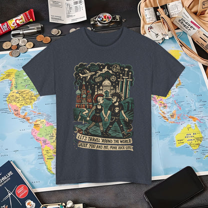Let’s Travel 'Round the World, Just You and Me – Punk Rock Girl Global Adventure Tee Air Travel T-Shirts | Jetsetter, Airport, and International Flight Tees