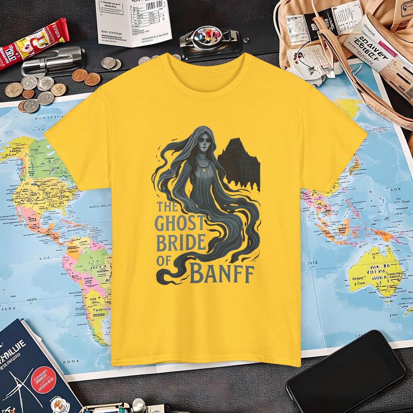 Ghostly Bride at Banff Springs Hotel Shirt – Haunted Canadian Hotel Dark Tourism Tee | Layover Club Air Travel T-Shirts | Jetsetter, Airport, and International Flight Tees