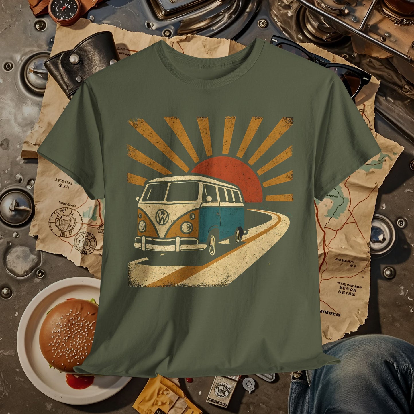 Sunset Road Trip T-Shirt – Vintage VW Van Adventure Design