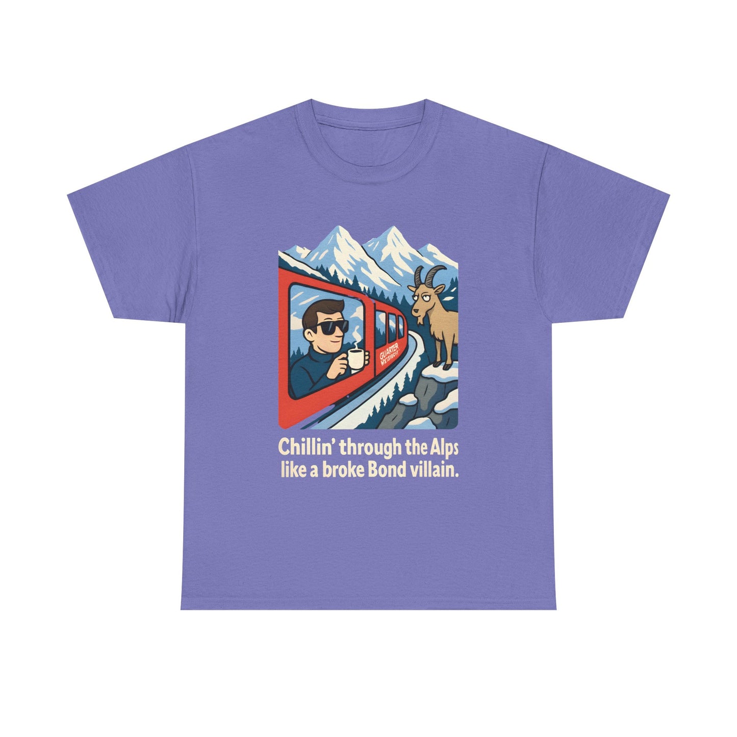 Glacier Express Chill Tee – Skeptical Goat in the Alps Vibe Road Trip & Vehicle Travel T-Shirts | Car, RV, and Motorcycle Adventure Tees
