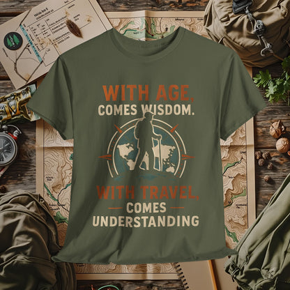 With Age Comes Wisdom, With Travel Comes Understanding Tee – Explorer Compass Design | Camping, Hiking, Rafting & Kayaking Tees for Nature Lovers