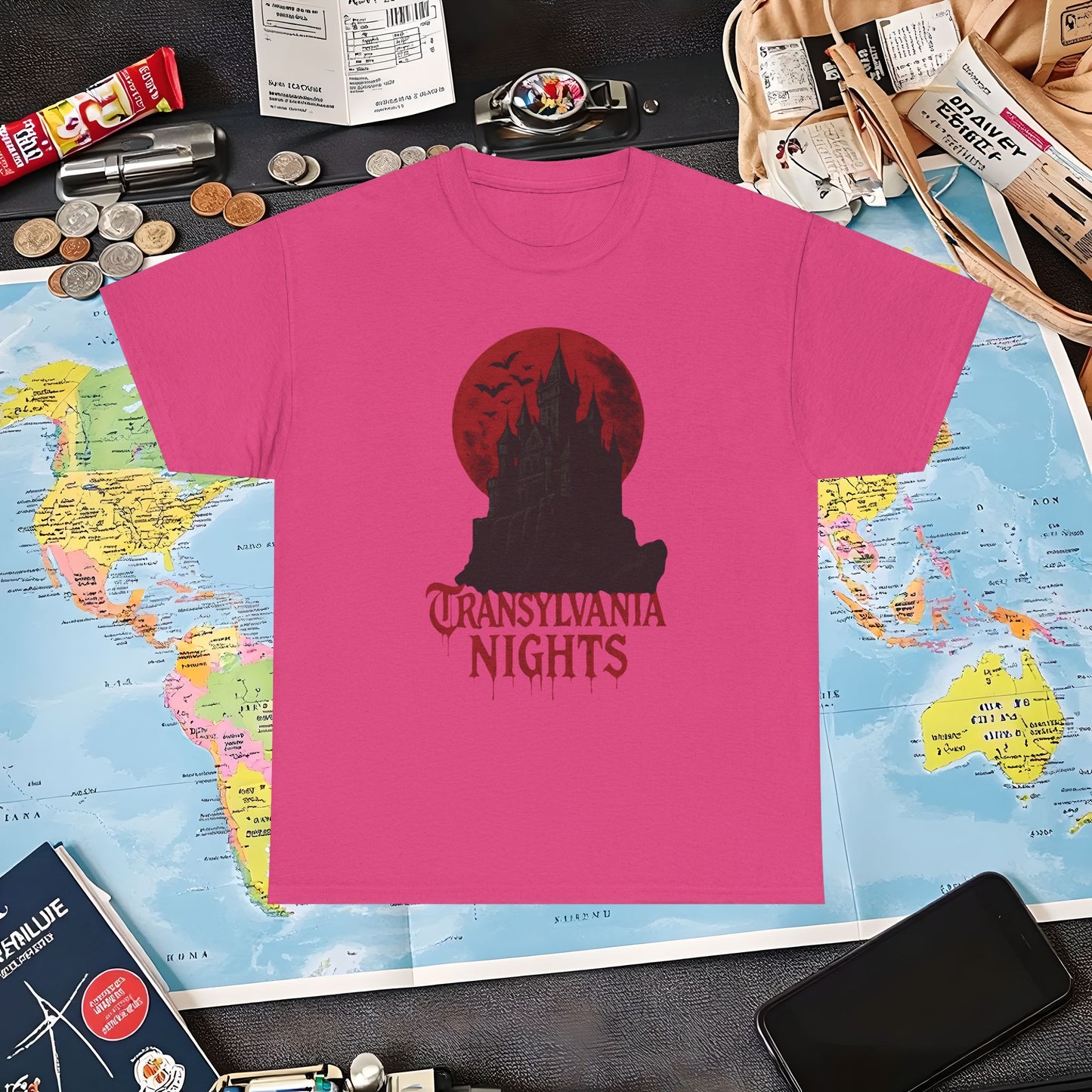 Transylvania Nights Tee – Gothic Castle Under Crimson Moon | Layover Club Air Travel T-Shirts | Jetsetter, Airport, and International Flight Tees