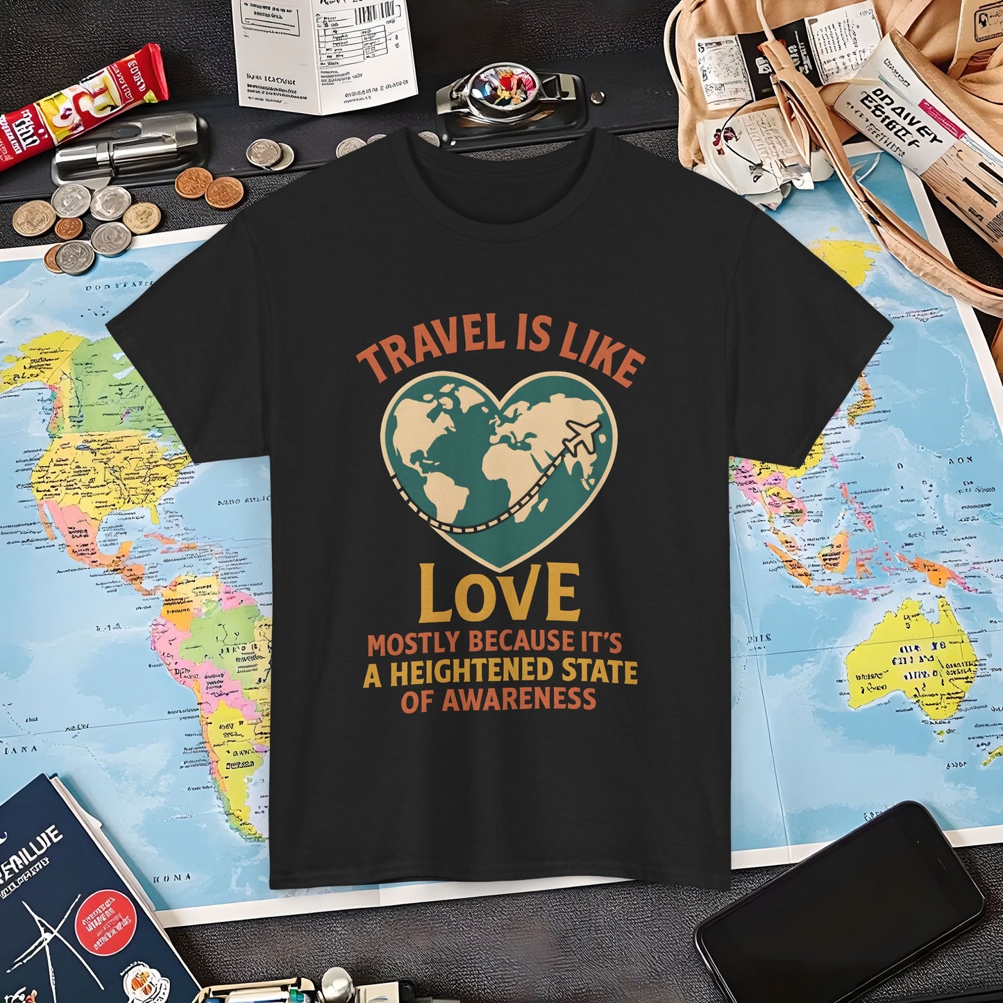 Travel Is Like Love – Heart Map Quote Tee with Airplane Path | Layover Club Air Travel T-Shirts | Jetsetter, Airport, and International Flight Tees