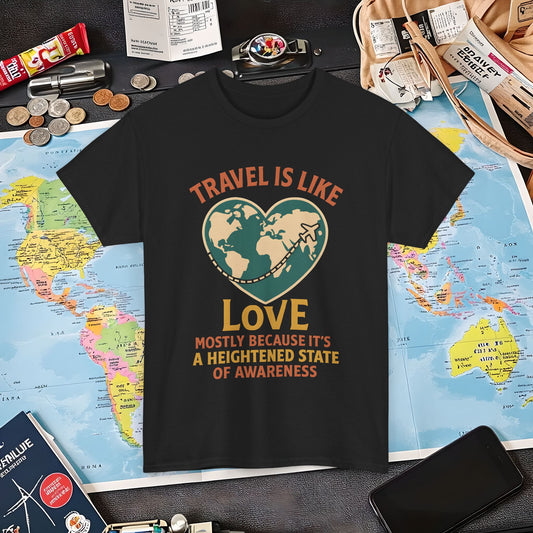 Travel Is Like Love – Heart Map Quote Tee with Airplane Path | Layover Club Air Travel T-Shirts | Jetsetter, Airport, and International Flight Tees