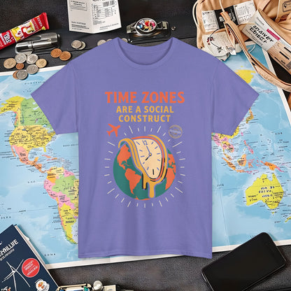 Time Zones Are a Social Construct Tee – Melting Clock Over World Map Travel Shirt Air Travel T-Shirts | Jetsetter, Airport, and International Flight Tees