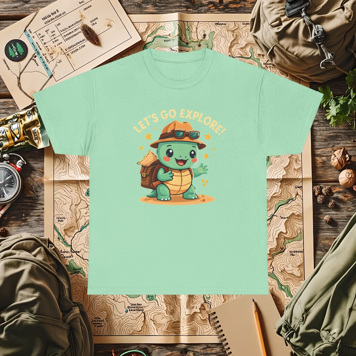 Let’s Go Explore T-Shirt – Cute Turtle Explorer with Travel Gear Design | Camping, Hiking, Rafting & Kayaking Tees for Nature Lovers