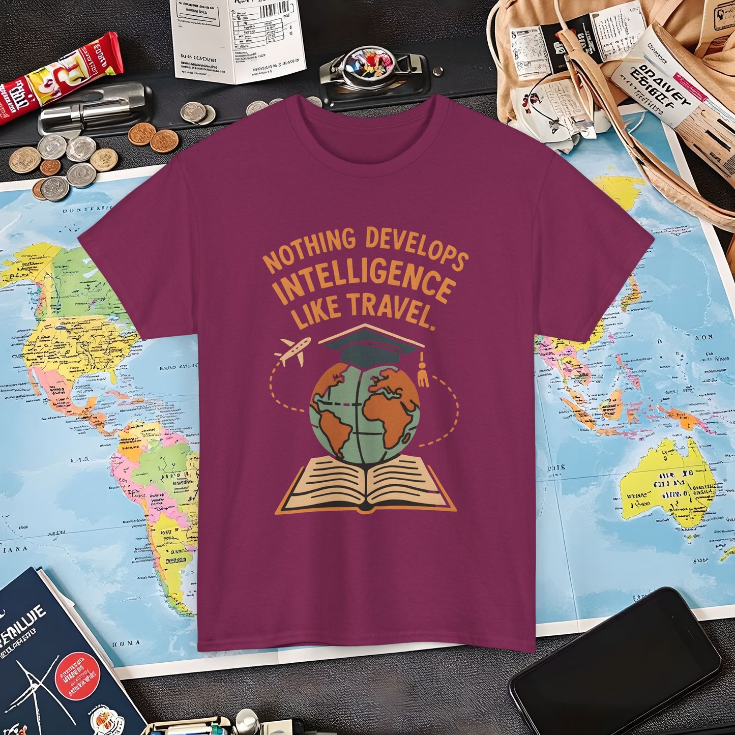 Nothing Develops Intelligence Like Travel – Globe Graduation Wisdom Tee | Layover Club Air Travel T-Shirts | Jetsetter, Airport, and International Flight Tees