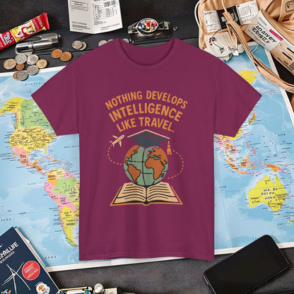 Nothing Develops Intelligence Like Travel – Globe Graduation Wisdom Tee | Layover Club Air Travel T-Shirts | Jetsetter, Airport, and International Flight Tees