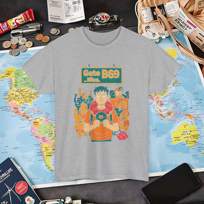 Gate B69 Deadpan Traveler T-Shirt — Chill at Chaotic Airport Terminal Layover Tee Air Travel T-Shirts | Jetsetter, Airport, and International Flight Tees