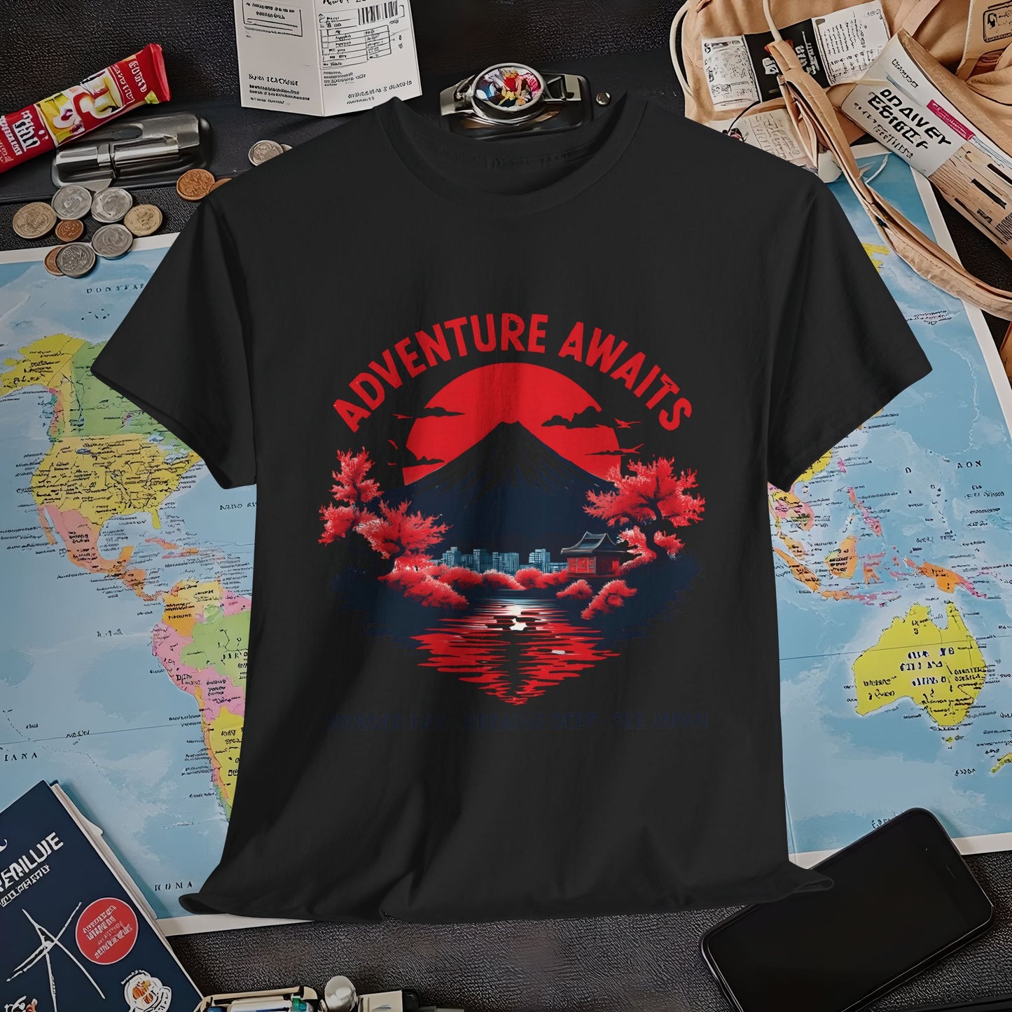 Adventure Awaits – Wander Far, Breathe Deep, See Japan T-Shirt – Scenic Mountain Escape Design Air Travel T-Shirts | Jetsetter, Airport, and International Flight Tees