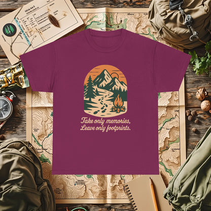 Take Only Memories, Leave Only Footprints — Sunset Mountain Trail Adventure Badge T-Shirt | Camping, Hiking, Rafting & Kayaking Tees for Nature Lovers