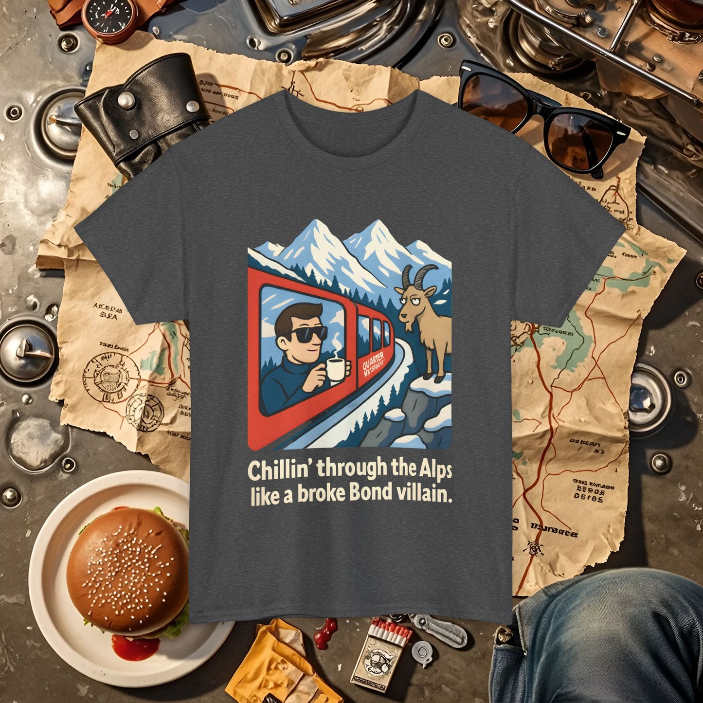 Glacier Express Chill Tee – Skeptical Goat in the Alps Vibe Road Trip & Vehicle Travel T-Shirts | Car, RV, and Motorcycle Adventure Tees