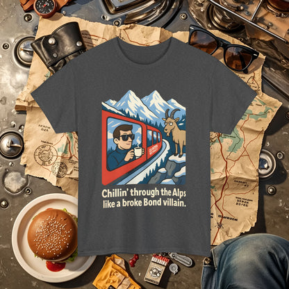 Glacier Express Chill Tee – Skeptical Goat in the Alps Vibe Road Trip & Vehicle Travel T-Shirts | Car, RV, and Motorcycle Adventure Tees