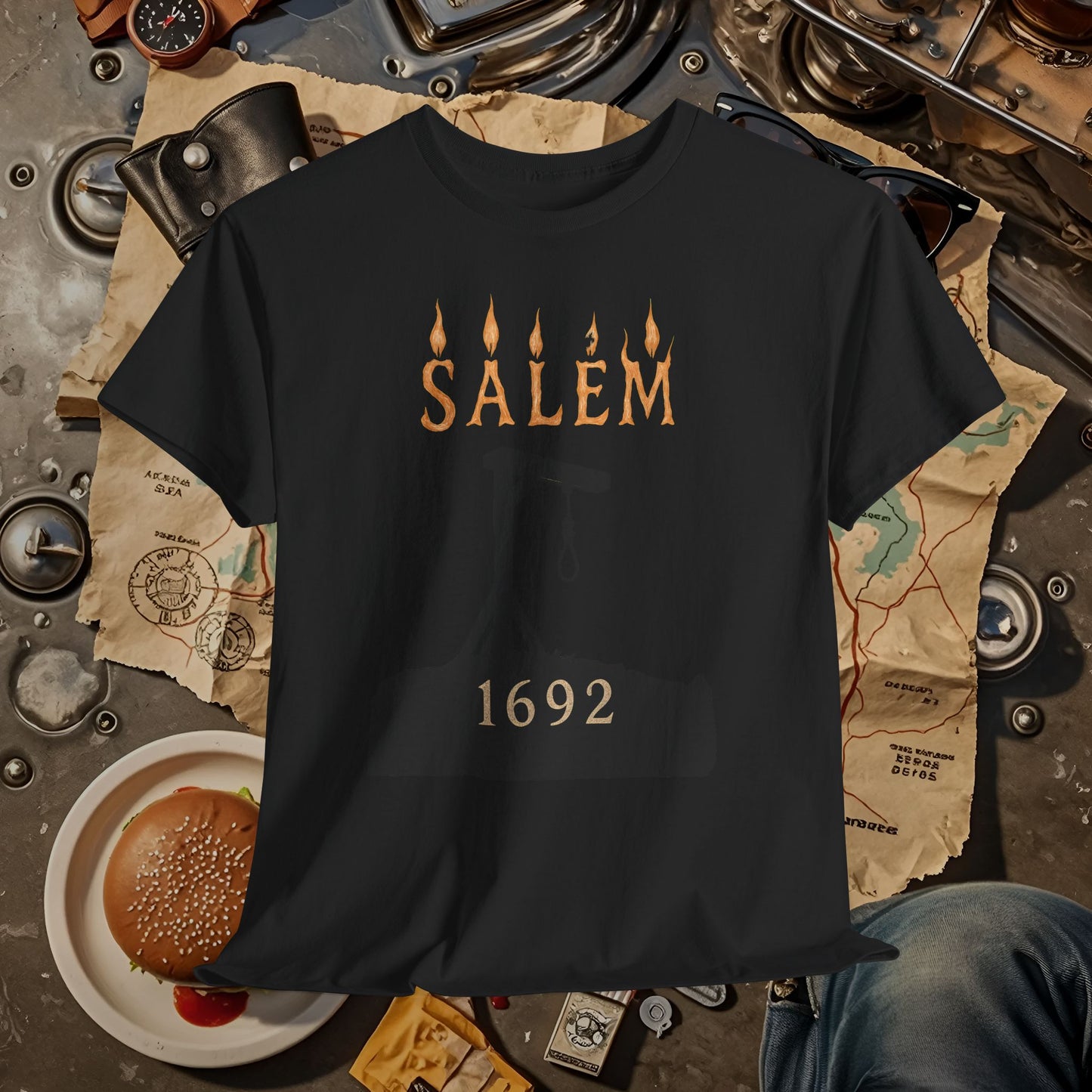 Salem 1692 Gothic Noose & Candle Flame Typography Tee – Witch Trials Dark History Shirt | Car, RV, and Motorcycle Adventure Tees