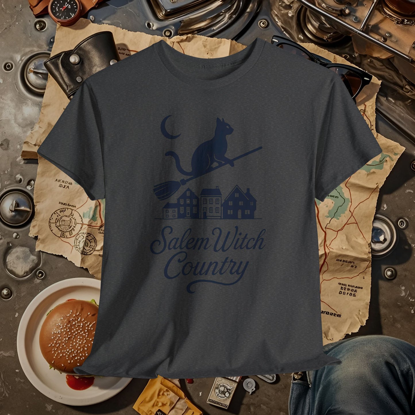 Midnight Cat on Broom – Salem Witch Country Silhouette Tee | Car, RV, and Motorcycle Adventure Tees